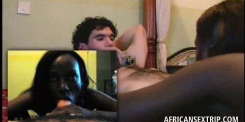 White dude gets a boner and an afro blowjob