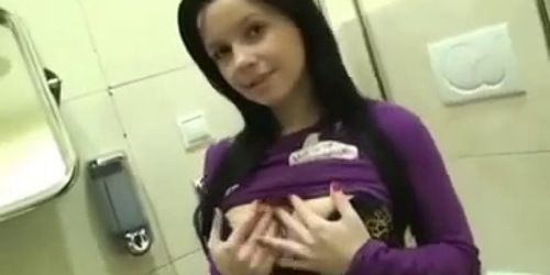 large breasted gf gives blowjob in public bathroom