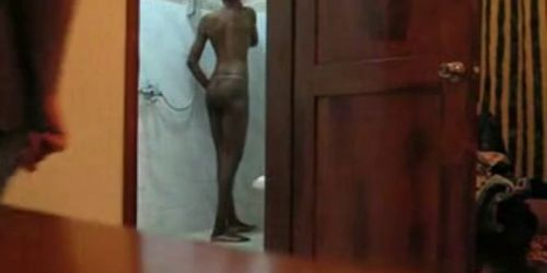 Black girlfriend showering on hidden cam