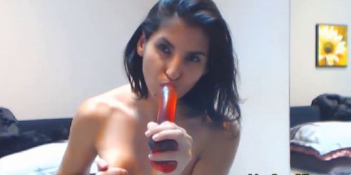 Latin teen in a hairy pussy close up dildo show