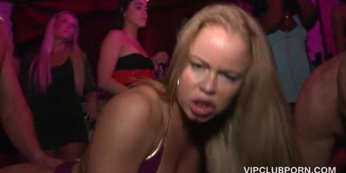 Blonde eats and fucks huge cock in the VIP