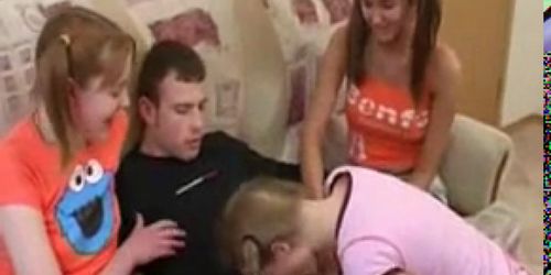 Foursome Teens with Pigtails Going Down on Lucky Guy