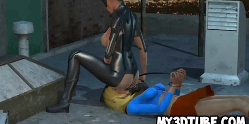 3D cartoon lesbian Catwoman gets licked outdoors