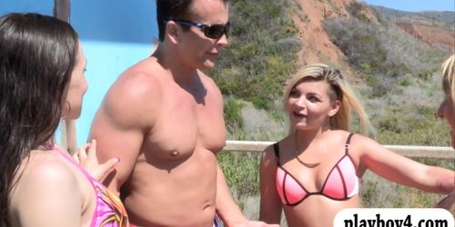 Two college babes get pounded by nasty lifeguard in bed