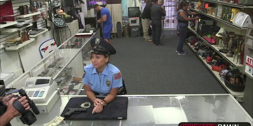 Big assed police officer gets plowed in the pawnshop