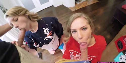 Skinny teens surprised with big cocks for christmas