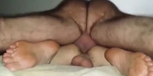 Hairy Daddy with hairy legs breeds boy from below