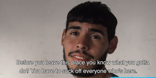 Latino sucks four dicks one by one and bareback fucked