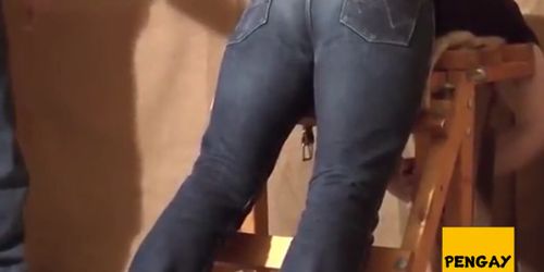 Caned over tight jeans Daddy boy