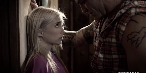 Petite blonde teen fucked by a big bad tattooed guy