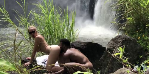 Beautiful white chick gets blacked by waterfall