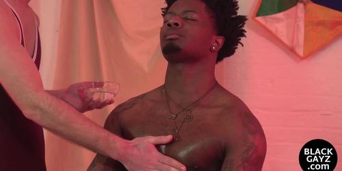 Caucasian twink gets his ass rimmed by black hunk hard