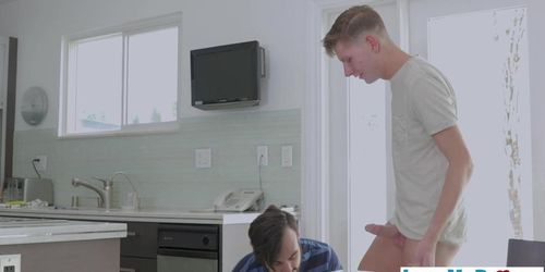 Twink strokes his cock while talking with his stepbro