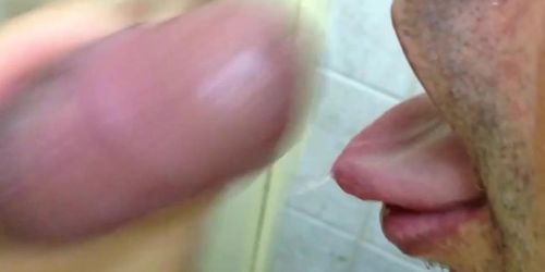 Eating a creamy load of hot cum after work