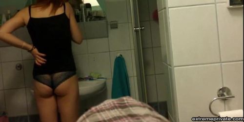 redhead stepmom spied on in the bathroom