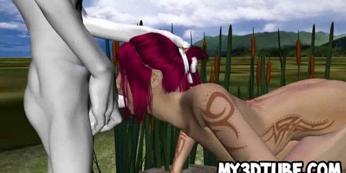 Foxy 3D babe sucking on an aliens rock hard cock