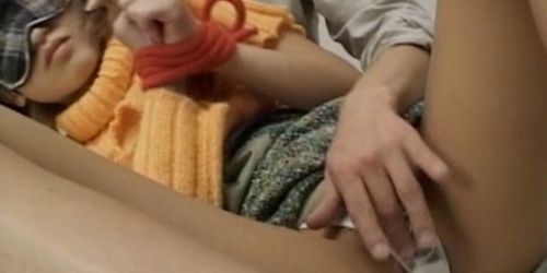 Tied up Japanese teen girl gets hairy cunt teased