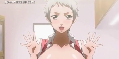 Shorthaired hentai babe boobs teased by her hot GF