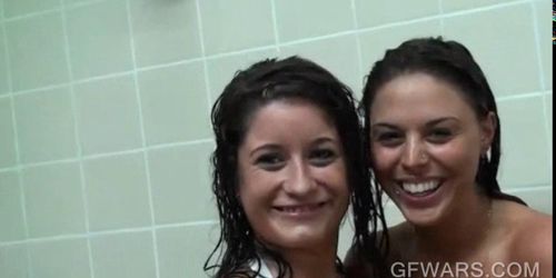 Teen horny chicks having oral sex in shower gangbang