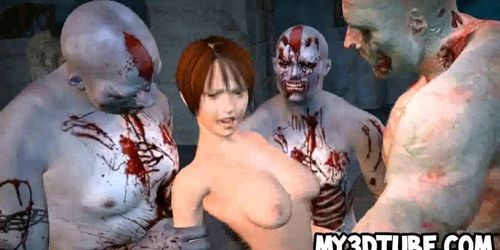 Hot 3D redhead babe gets fucked by three zombies