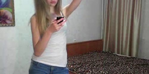 Cute blonde teen strips and dances on webcam