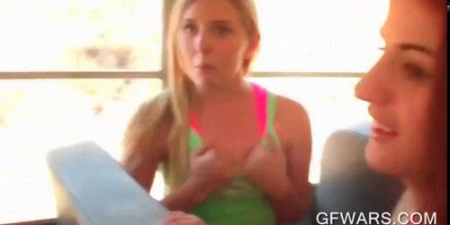 Teens in college having a lesbian bus orgy