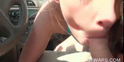 Teen cutie sucking her BFs hard cock in the car