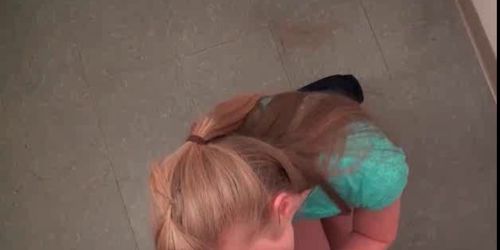 Nasty blonde banged from behind in bathroom