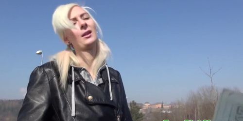 Pierced skater euro chick pounded outdoors