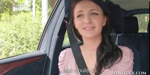 Cute brunette flashing tits in strangers car