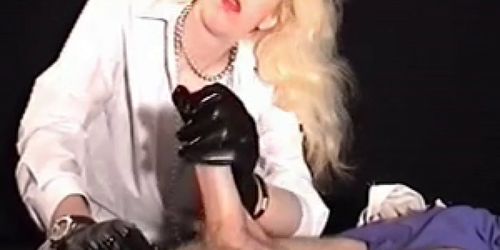 Giving a handjob in heavy long gloves