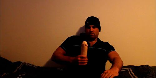 J-Art male solo with big cock dildo at night on the bed