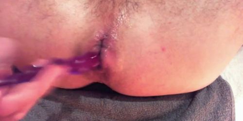 Hard solo anal play with beads and balls - huge gape