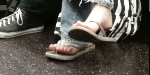 Candid Nerdy Teen Flip-Flop Feet Shoeplay on Bus