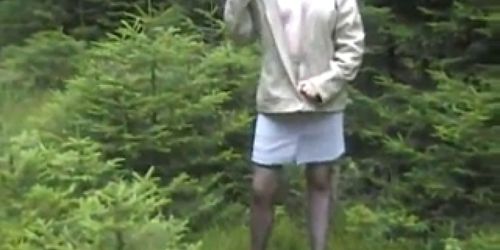 Stockings teen in the woods sucks and takes cumshot