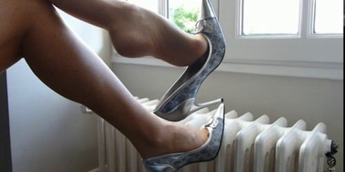 Dangling with silver shoes and ultrasheer pantyhose