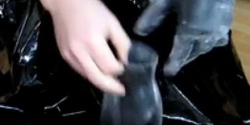 Jerking off on PVC coat with latex gloves