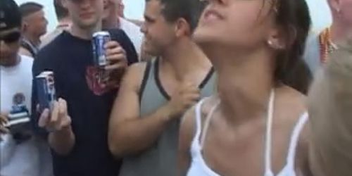 College coed takes out her tits on beach