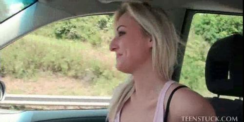 Blonde ends up naked and eats cock in POV