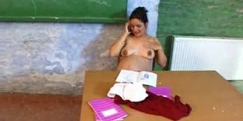 Filming his  Pregnant Teacher Masturbating In Classroom