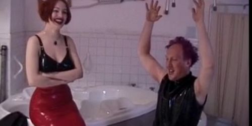 Femdom leads her male submissive to bathroom