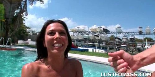 Hot ass brunette sucking dick in the pool