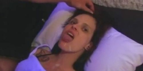 Mega slut with big tongue face fucked and facialed