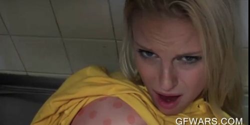 Hot blonde pussy hammered on kitchen counter