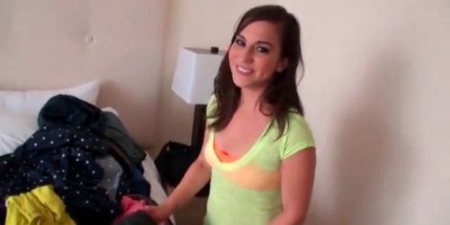 Smiling latina gets tits and cunt teased in bed