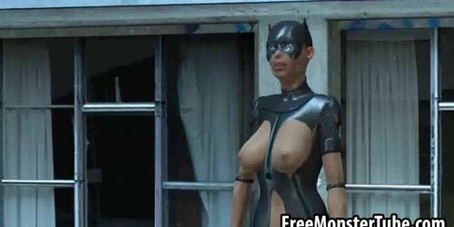 3D dyke Catwoman gets eaten out on a rooftop