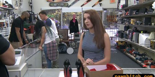 Brunette sells her shoes and gets ripped by pawn guy