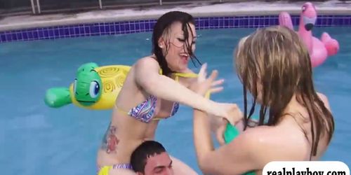 Group of sexy babes fucked by the pool on Springbreak