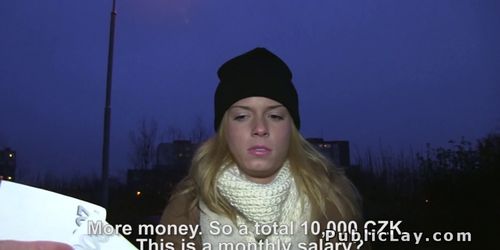 Blonde takes money for fifteen mins sex in public