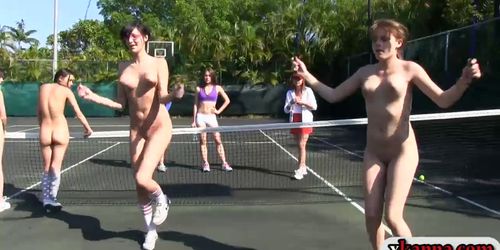 Horny pledges make out with the sisters in tennis field